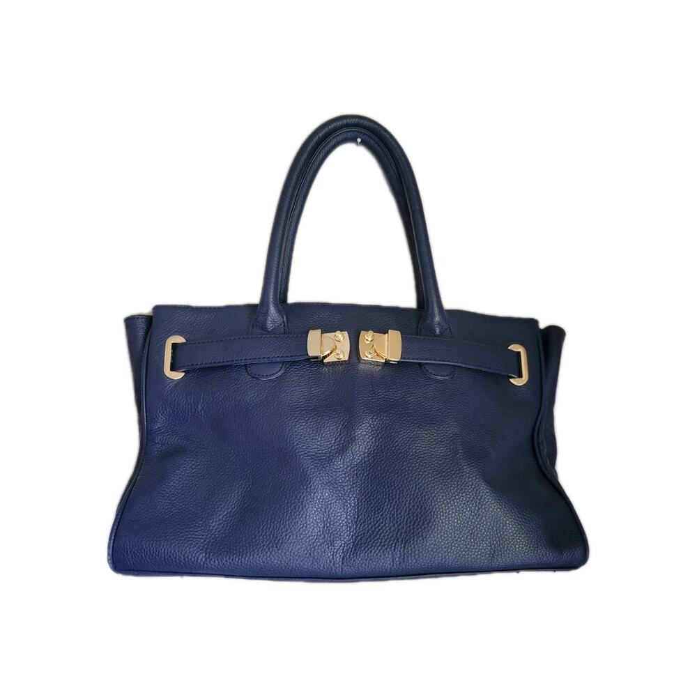 ONNA EHRLICH "Maya" Navy Blue Pebbled Leather Satchel Handbag